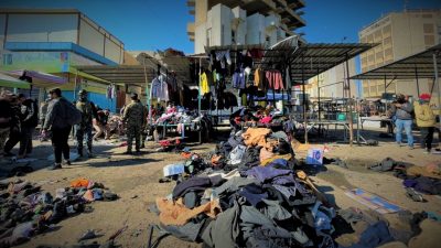 Lokasi bom bunuh diri di pasar pakaian bekas terbesar, Tayaran Squere, Baghdad, Irak (21/1/21)