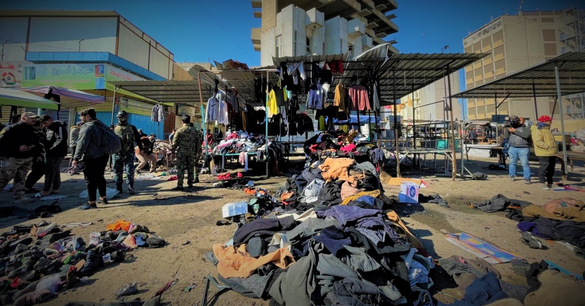 Lokasi bom bunuh diri di pasar pakaian bekas terbesar, Tayaran Squere, Baghdad, Irak (21/1/21)