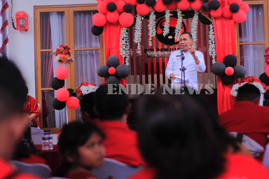 Bupati Ende Djafar Achmad memberikan sambutan dalam acara peresmian kantor baru DPC PDI Perjuangan Ende (16/10/23)