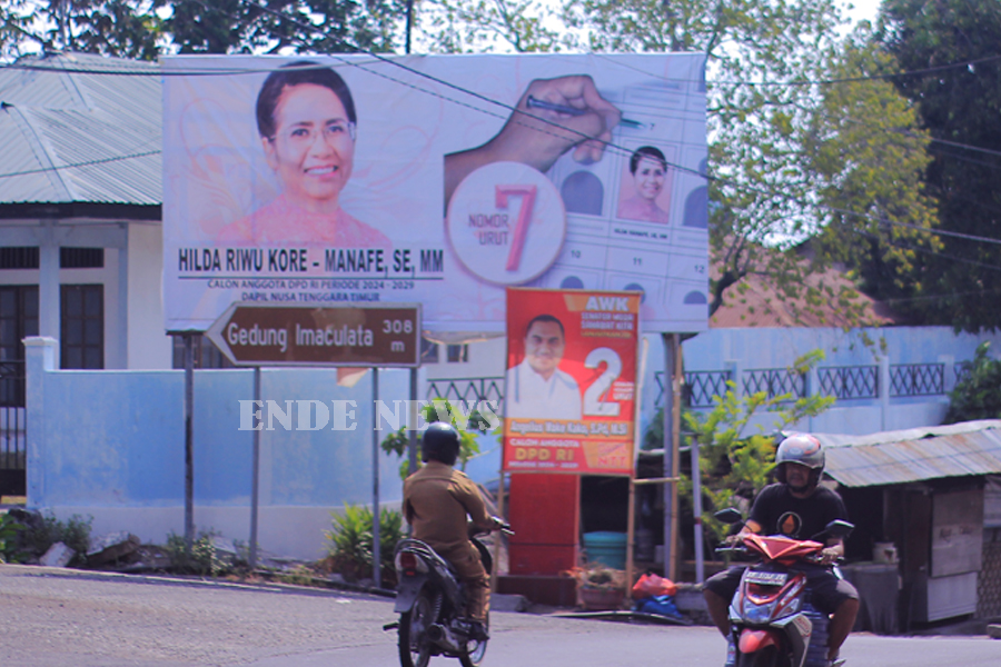 Baliho calon anggota DPD RI incumbent nomor urut 7, Hilda Manafe, di Jalan Sudirman, Kota Ende (31/10/23)