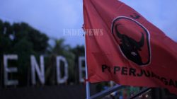 Bendera PDI Perjuangan dipasang di Simpang Lima, Kota Ende, jelang kedatangan capres Ganjar Pranowo (01/12/23)
