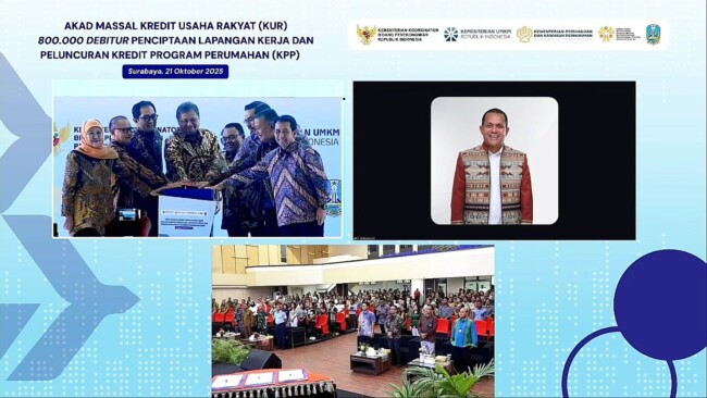 Gubernur NTT Melki Laka Lena secara daring mengikuti kegiatan Akad Massal Kredit Usaha Rakyat (KUR) 800.000 Debitur Penciptaan Lapangan Kerja dan Peluncuran Kredit Program Perumahan (KPP), Selasa (21/10/2025).